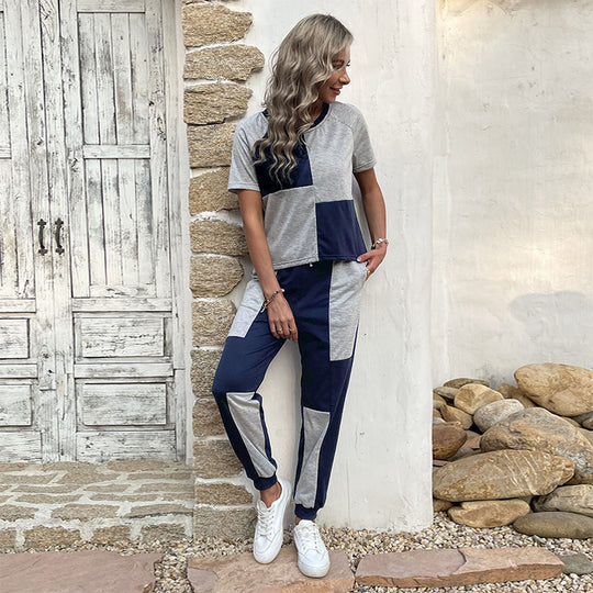 Damen Zweiteiler Freizeit-Set aus Baumwollmix mit Colorblock-Shirt und Jogginghose Shop Nory