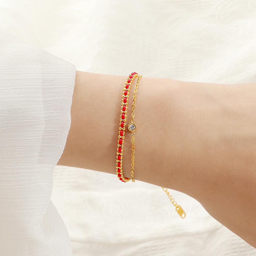 Damen Fußkette mit funkelnden Zirkonia und rotem Kristall Shop Nory