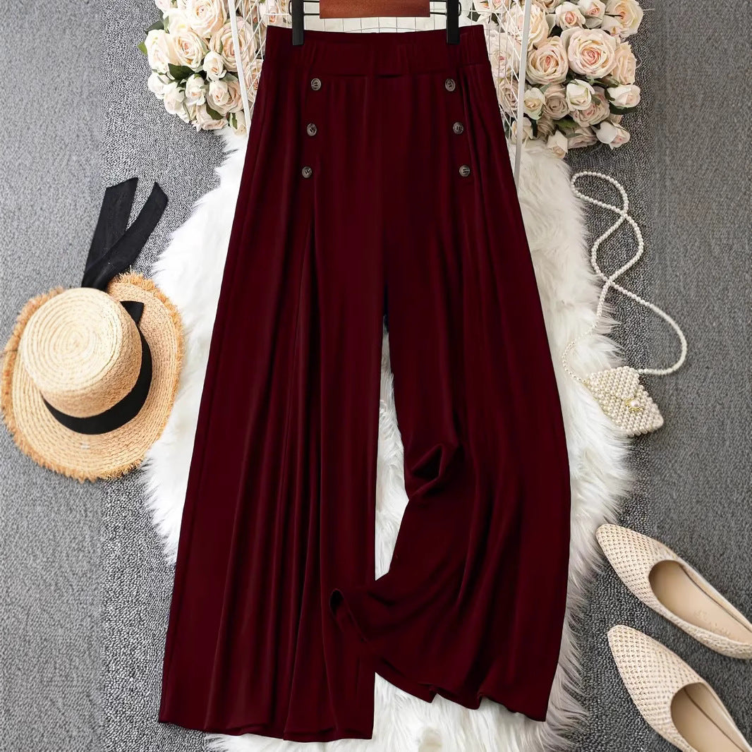Frauen Weite Bein Hohe Taille Knopf-Akzent Palazzo Hose Shop Nory