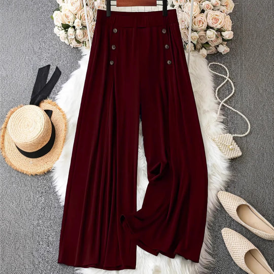 Frauen Weite Bein Hohe Taille Knopf-Akzent Palazzo Hose Shop Nory
