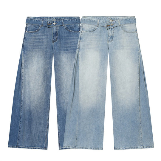Damen Weite Denim-Hose mit seitlichen Falteneinsätzen, High‑Waist und Taillengürtel Shop Nory
