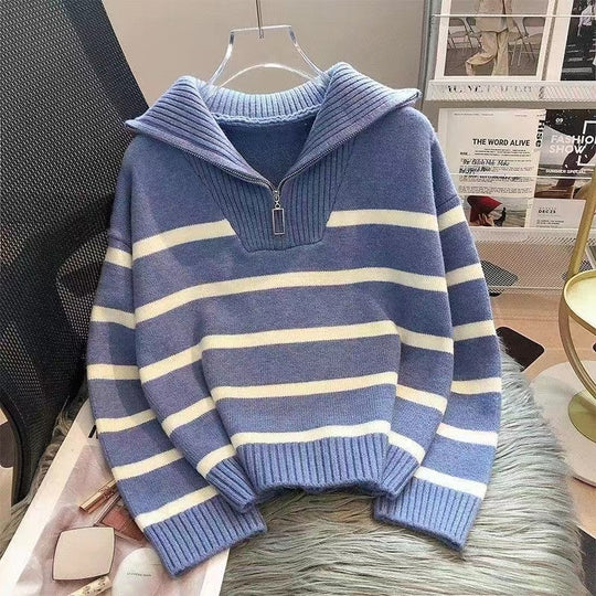 Damen Gestreifter Halb-Reißverschluss Strickpullover mit Rippenkragen Shop Nory
