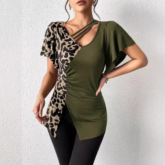 Damen Designermode Oberteil mit asymmetrischem Schnitt und Leopardenmuster