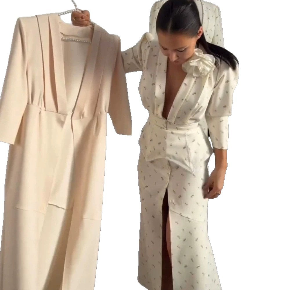 Damen tailliertes Hosenanzug‑Set mit tiefem V‑Ausschnitt, strukturierter Peplum‑Taille und feinem Blumenjacquard Shop Nory