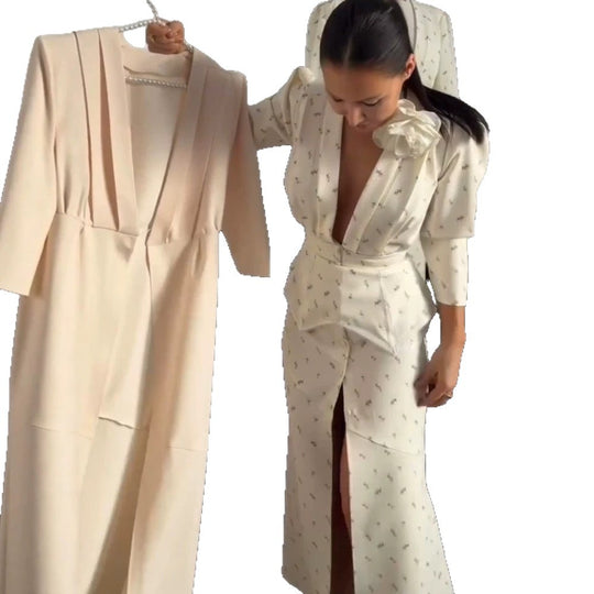 Damen tailliertes Hosenanzug‑Set mit tiefem V‑Ausschnitt, strukturierter Peplum‑Taille und feinem Blumenjacquard Shop Nory