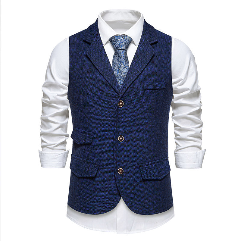 Herren Tweed-Weste mit Fischgrätstruktur, Reverskragen und Pattentaschen Shop Nory