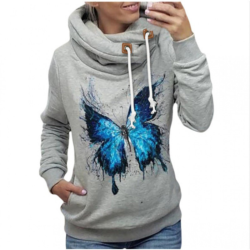 Damen Kapuzenpullover mit hohem Schlauchkragen, Kängurutasche und Schmetterlingsprint Shop Nory