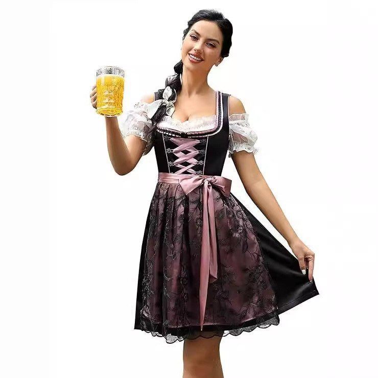 Damen nan traditionelles Dirndlkleid mit Schnürung, floraler Baumwollqualität und Schleifen-Schürze Shop Nory