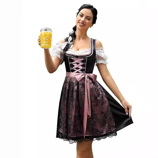 Damen nan traditionelles Dirndlkleid mit Schnürung, floraler Baumwollqualität und Schleifen-Schürze Shop Nory
