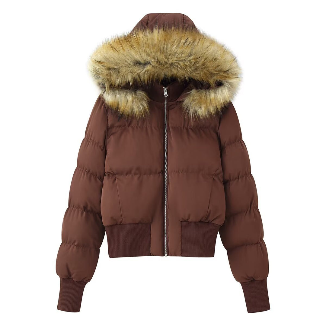 Damen Gepolsterte Cropped-Bomberjacke mit Kapuze und abnehmbarem Kunstpelzbesatz Shop Nory