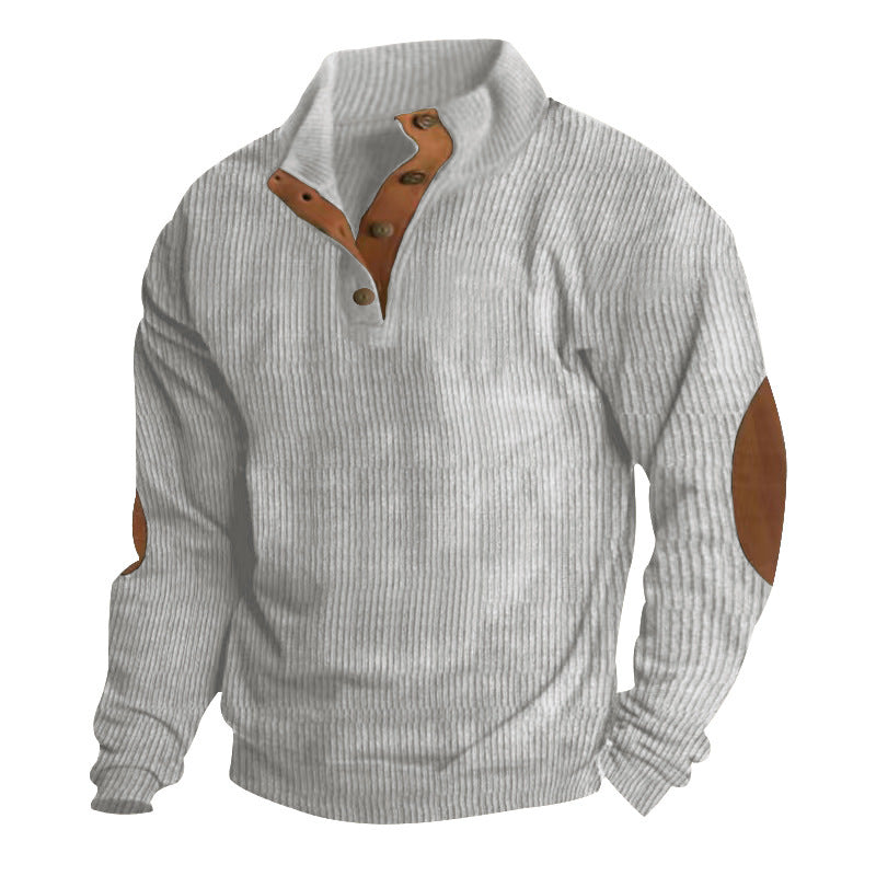 Herren nan gerippter Pullover mit Henley-Kragen und Leder-Ellbogenpatches Shop Nory