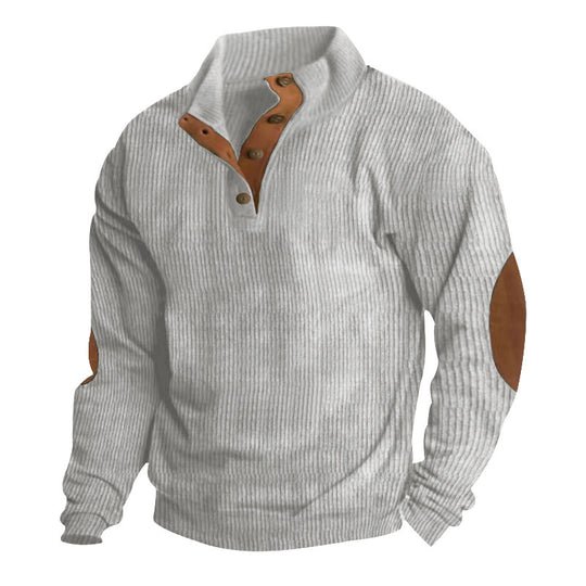 Herren nan gerippter Pullover mit Henley-Kragen und Leder-Ellbogenpatches Shop Nory