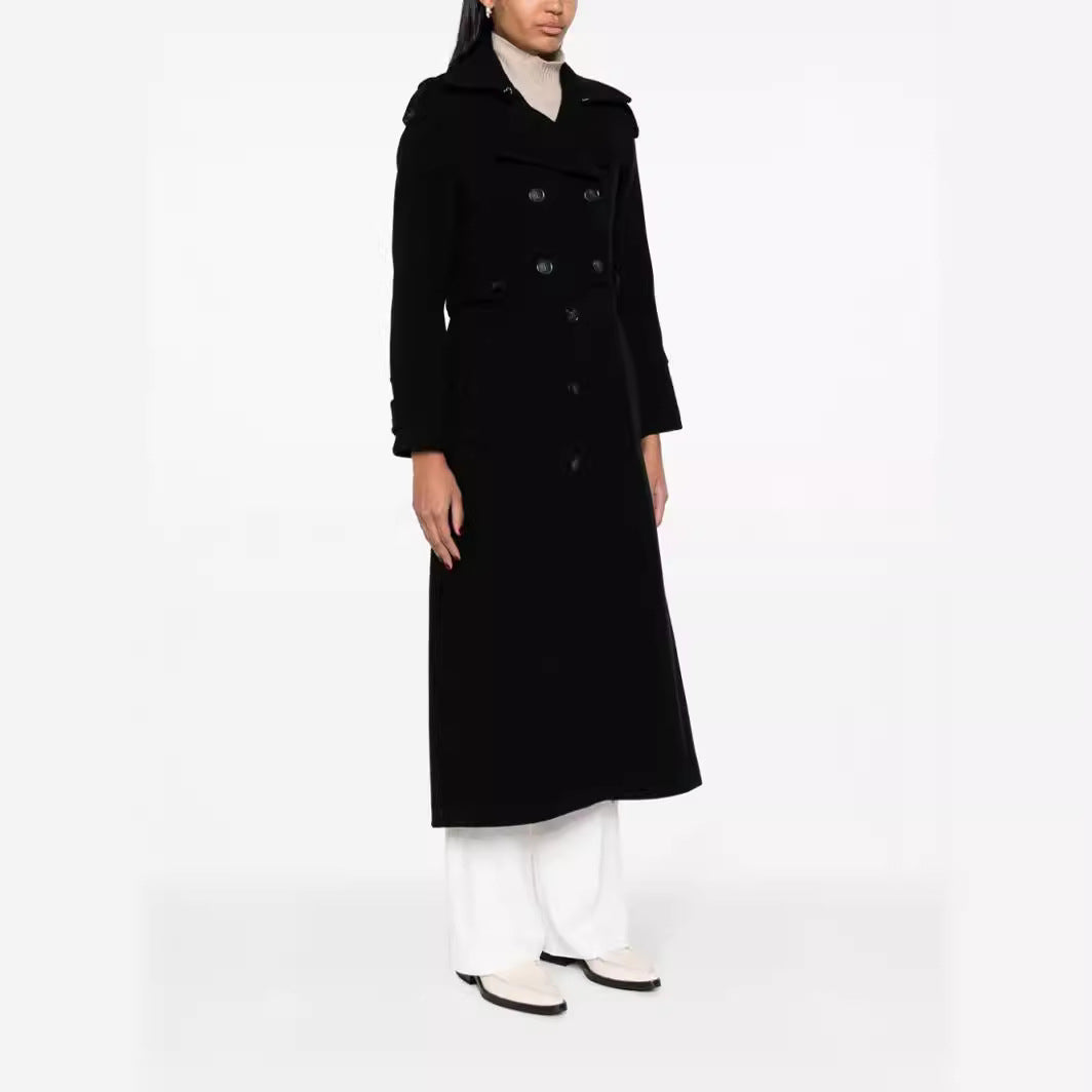Damen Bodenlanger Doppelreihiger Trenchcoat aus Wollmix mit Schulterpatten und verdecktem Taillengürtel Shop Nory