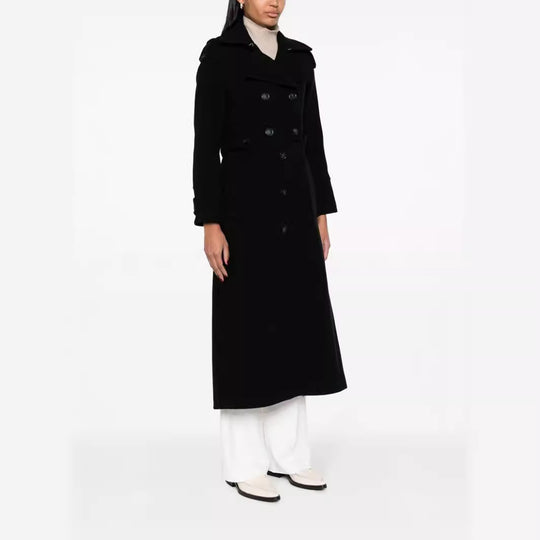 Damen Bodenlanger Doppelreihiger Trenchcoat aus Wollmix mit Schulterpatten und verdecktem Taillengürtel Shop Nory