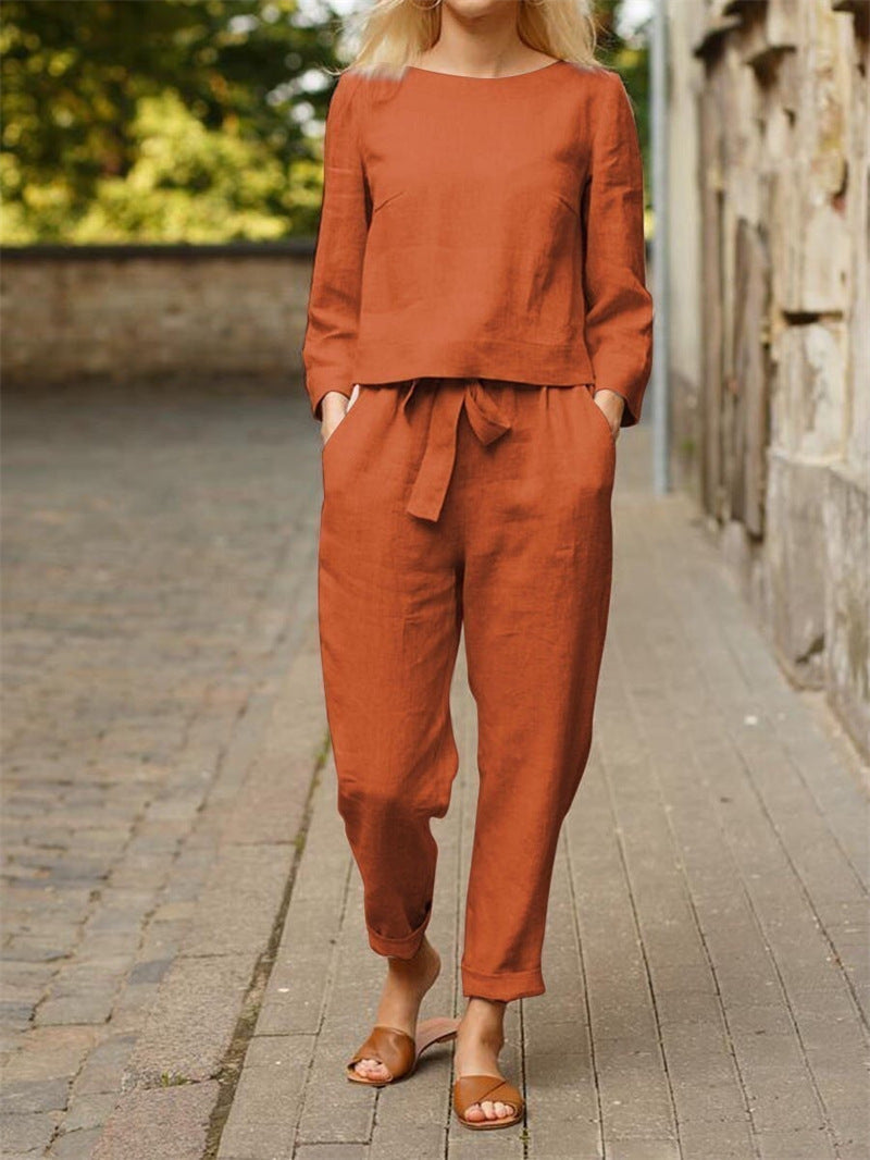 Damen Lässiges Zweiteiliges Leinen-Outfit mit breitem Bund