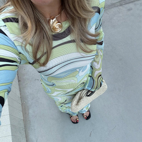 Damen Langärmeliges Maxikleid mit abstraktem Retro‑Print & passendem Kopftuch Shop Nory