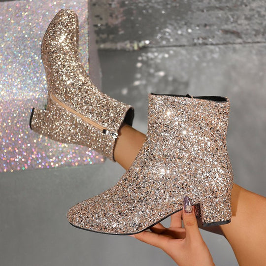 Damen glitzernde Stiefeletten mit kurzem Blockabsatz und seitlichem Reißverschluss Shop Nory