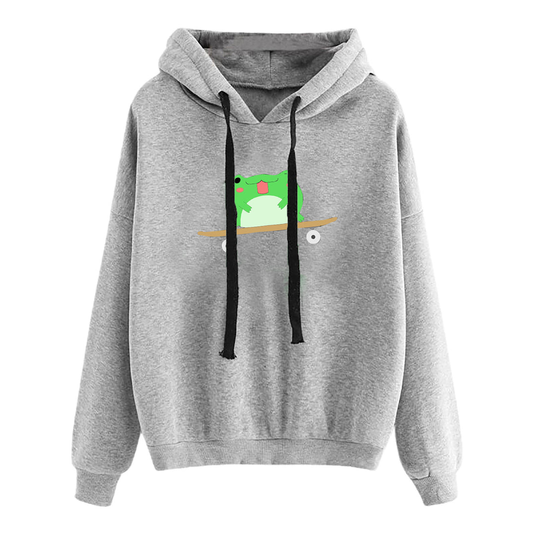 Damen nan kurz geschnittener Cropped-Kapuzenpullover mit niedlicher Frosch-Illustration und verstellbarer Kapuze Shop Nory