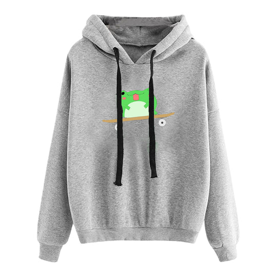 Damen nan kurz geschnittener Cropped-Kapuzenpullover mit niedlicher Frosch-Illustration und verstellbarer Kapuze Shop Nory