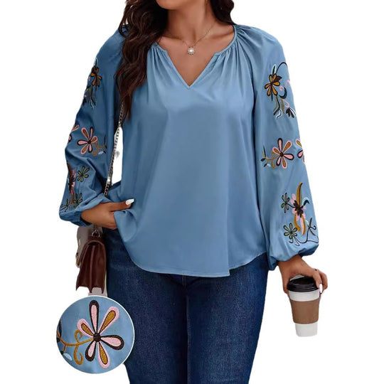 Damen Locker sitzende V-Ausschnitt Bluse mit floraler Stickerei an Ballonärmeln Shop Nory