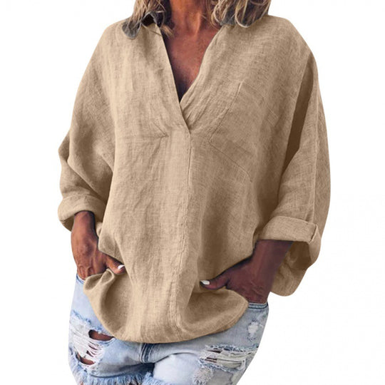 Damen weite Leinen-Tunika mit V-Ausschnitt und rollbaren Ärmeln Shop Nory