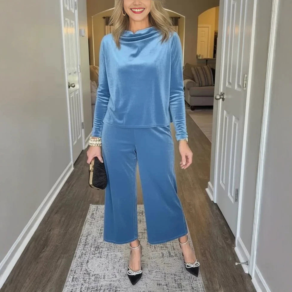 Damen Elegantes Samt-Zweiteiler mit Wasserfallkragen und weiter Culotte-Hose Shop Nory