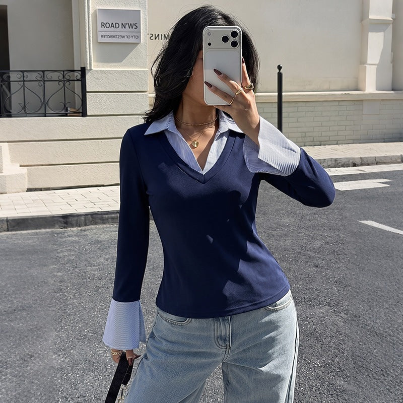 Damen Elegantes Longsleeve-Oberteil mit Hemdkragen Shop Nory