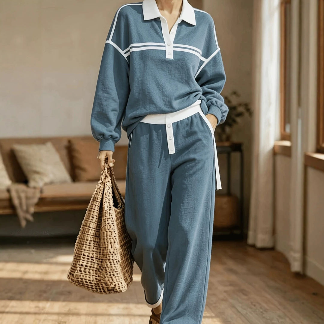Damen Lounge-Set aus weichem Jersey mit Polokragen, Kontraststreifen und weiter Jogpant Shop Nory