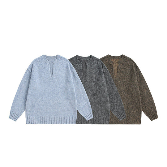 Unisex Oversize-Flauschpullover mit V-Schlitzkragen und Bouclé-Optik Shop Nory