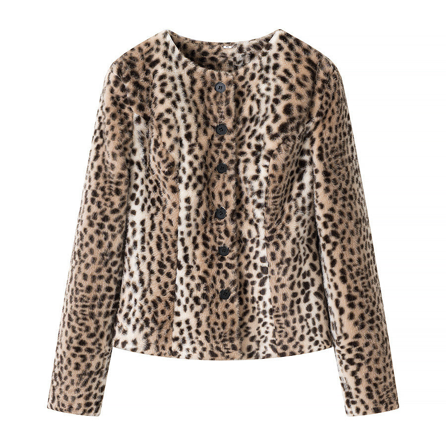 Damen Kurzjacke aus Kunstfell mit Leopardenmuster und Rundhalsausschnitt Shop Nory