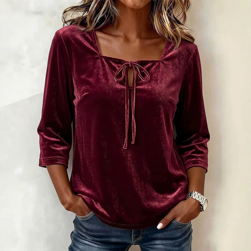 Damen Samtbluse mit eckigem Ausschnitt, Kordelzug und dreiviertel Ärmeln Shop Nory