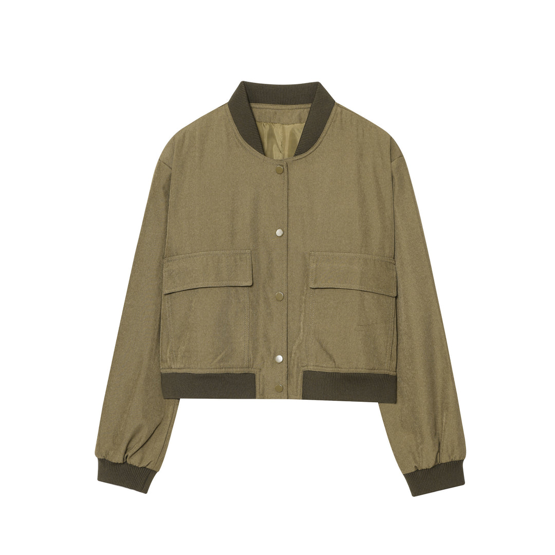 Damen Gekürzte Boxy-Jacke mit Druckknöpfen, großen aufgesetzten Taschen und Rippenbündchen Shop Nory