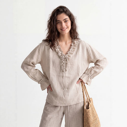 Damen Luftige Leinenbluse mit Rüschen Shop Nory