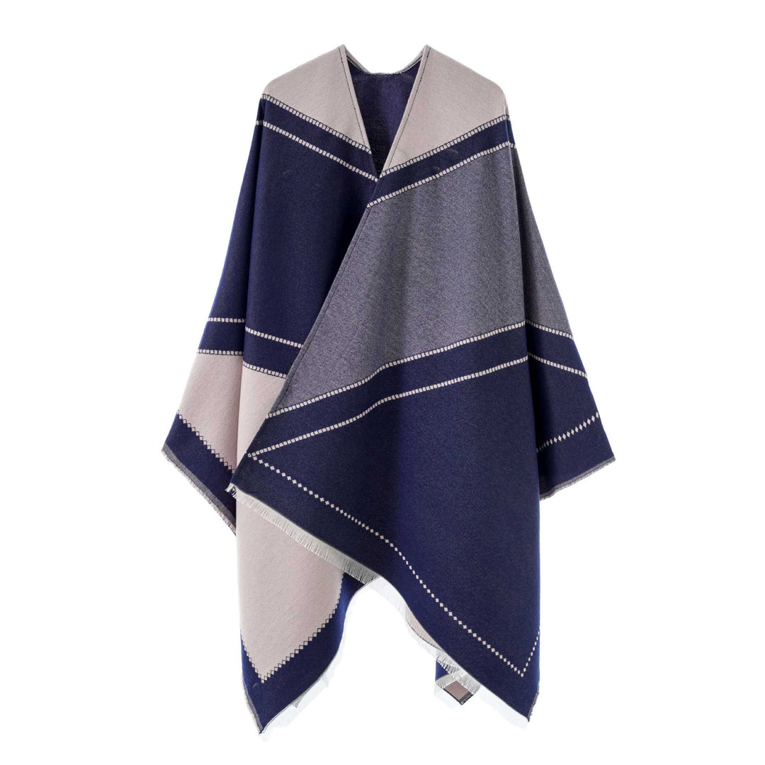 Damen Wendbarer Strickcape-Poncho mit Fransen und kontrastierenden Streifen Shop Nory