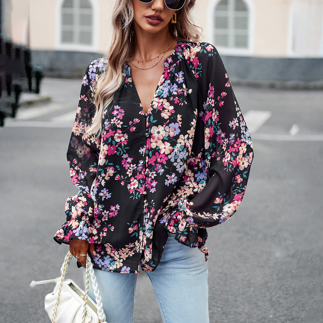 Damen nan Chiffon-Bluse mit floralem Alloverprint, V-Ausschnitt, Knopfleiste und gebundenen Manschetten Shop Nory