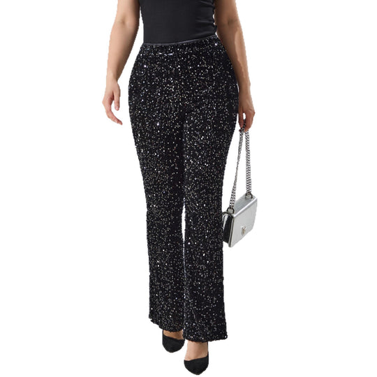 Damen Glitzernde Pailletten-Hose mit weitem Bein und hoher Taille Shopy Nory