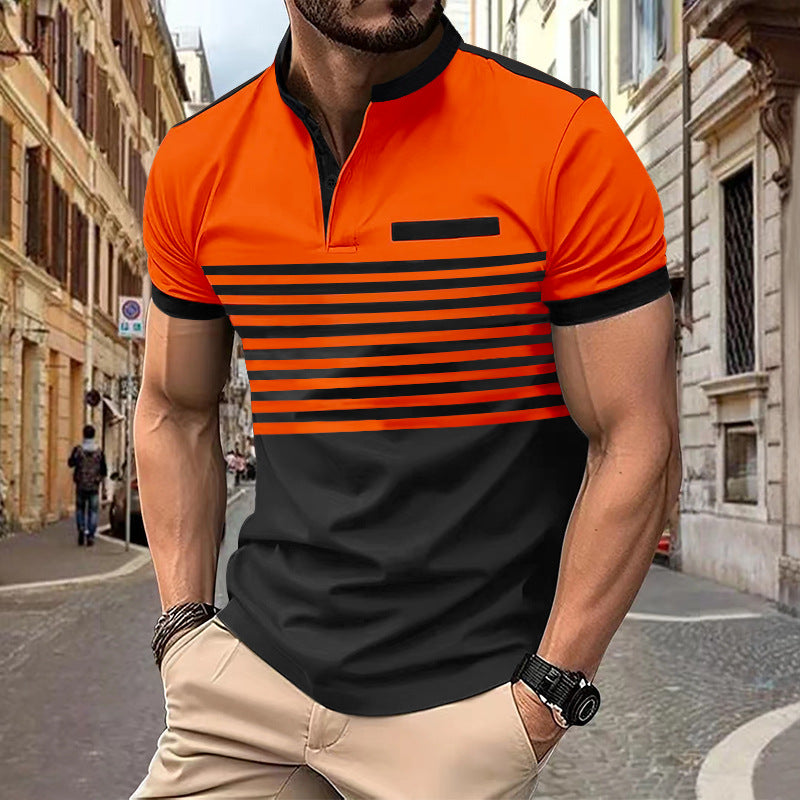 Herren nan kurzärmeliges Streifen-Kurzarmshirt mit Knopfleiste, Stehkragen und Brustpaspel Shopnory