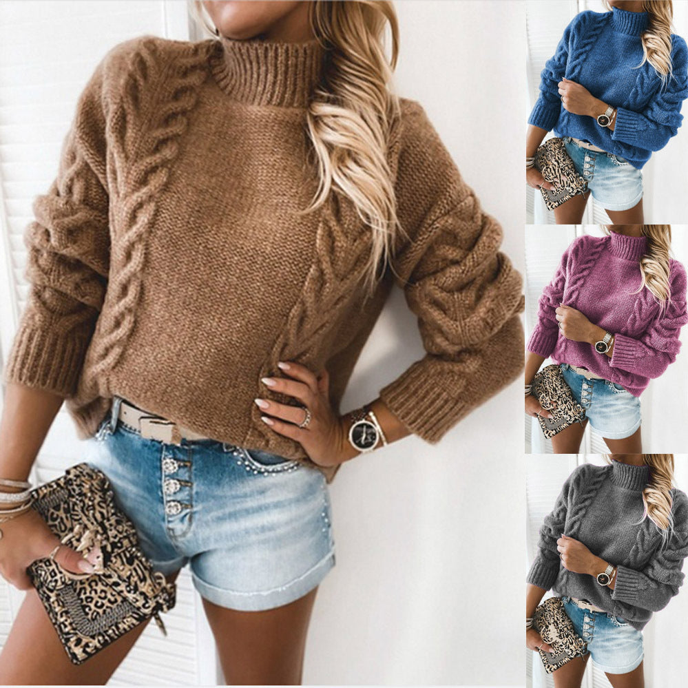 Damen Grobgestrickter Kurzpullover mit Zopfmuster und Stehkragen Shop Nory