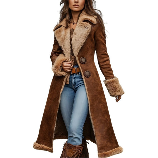 Damen Langer Veloursleder‑Look Mantel mit Lammfell‑Imitatfutter und dekorativer Doppelknopfleiste Shop Nory