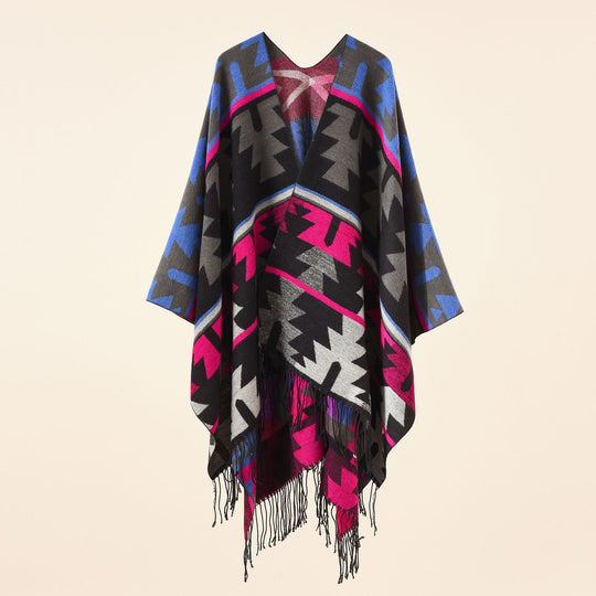 Damen Oversize-Ruana mit V‑Ausschnitt, grobem Jacquardmuster und langen Fransen Shop Nory