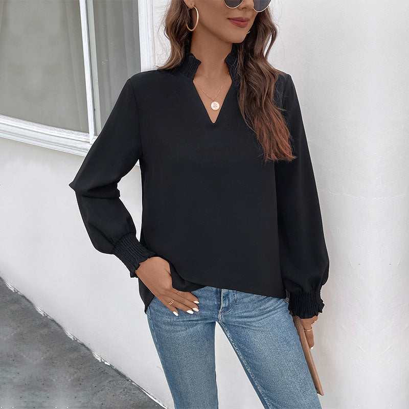 Damen Lockeres V-Ausschnitt-Blusenshirt mit Smokmanschetten und geradem Saum Shop Nory