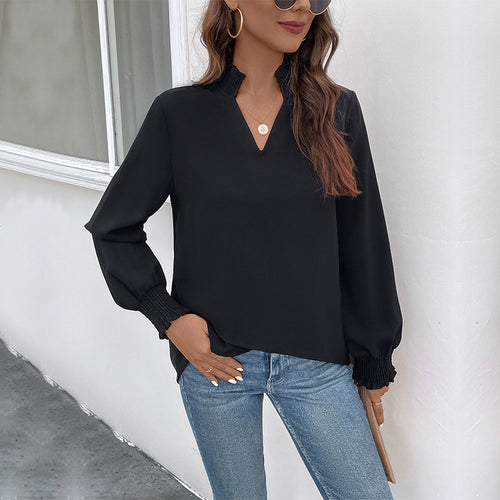 Damen Lockeres V-Ausschnitt-Blusenshirt mit Smokmanschetten und geradem Saum Shop Nory