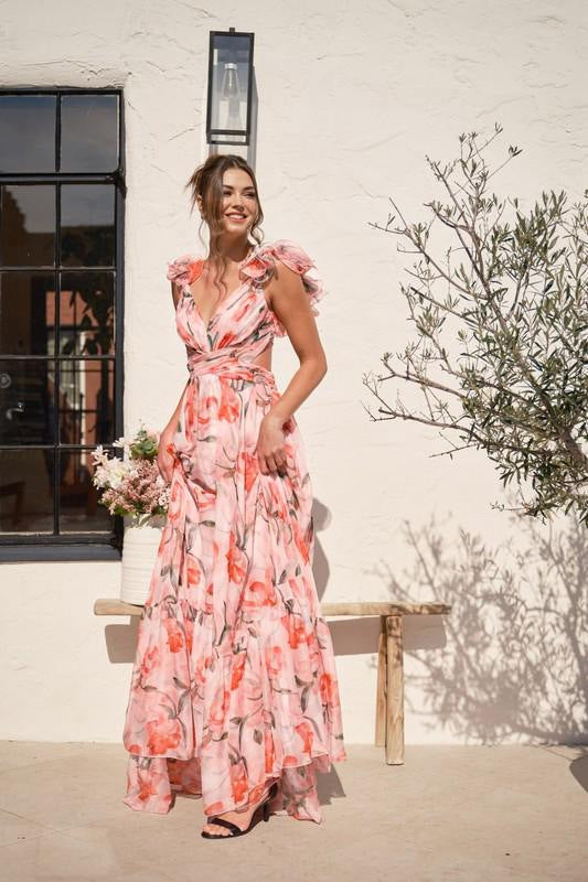 Damen Maxi-Kleid mit floralen Rüschen und schwingendem Design
