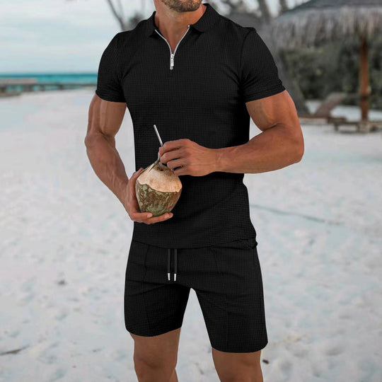 Herren lässiges Kurzarm-Set mit strukturiertem Polo und modischen Shorts