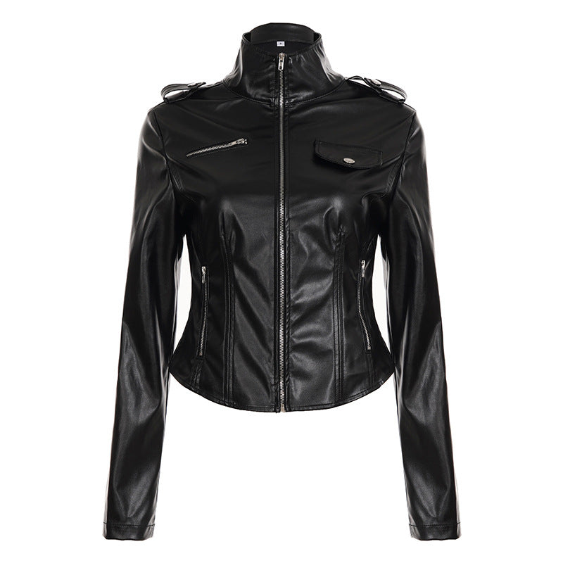 Damen nan taillierte Kunstleder-Bikerjacke mit Stehkragen, Schulterpatten und Reißverschlusstaschen Shop Nory