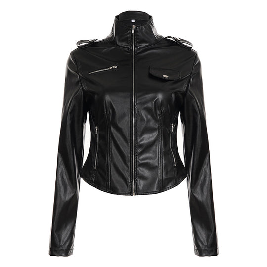 Damen nan taillierte Kunstleder-Bikerjacke mit Stehkragen, Schulterpatten und Reißverschlusstaschen Shop Nory