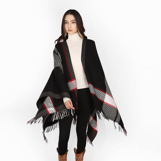 Damen Oversize Capeponcho aus Wollmix mit Karomuster und Fransensaum Shop Nory