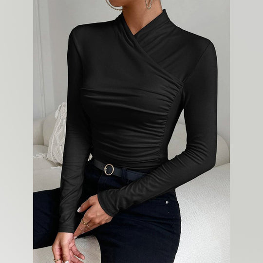 Damen Enganliegendes Langarmshirt mit Wickelkragen und seitlicher Raffung Shop Nory