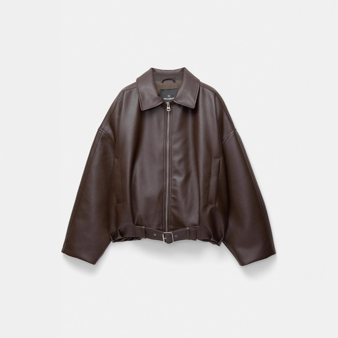 Damen nan kurz geschnittene Kunstlederjacke mit durchgehendem Reißverschluss und taillierendem Gürtel Shop Nory
