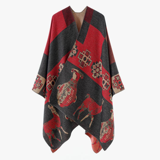 Damen Jacquard‑Strickponcho mit Ethno‑Tiermotiven und offenem Kimono‑Schnitt Shop Nory